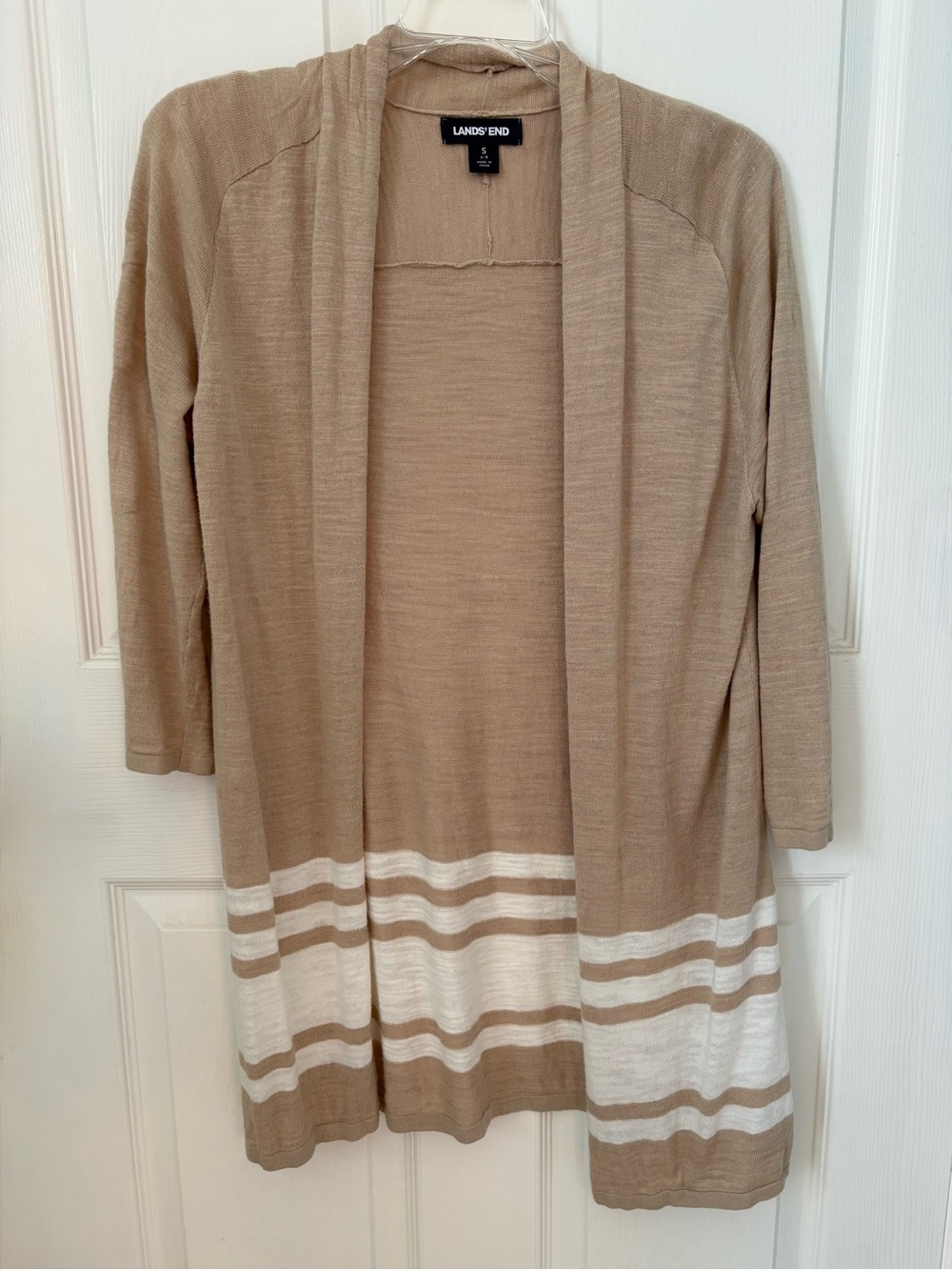 Lands' End Tan Cardigan with White Stripes
